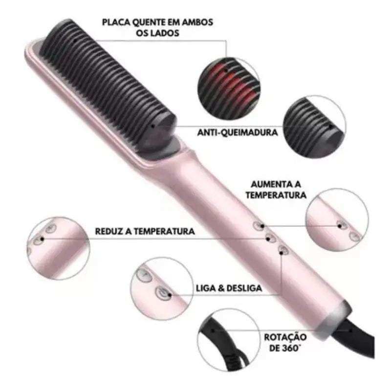 Escova Alisadora Bivolt 5 em 1 "Alisa, Hidrata, Modela, Alinha e Anti-Frizz" para todos os Tipos Cabelos Bivolt 110 220v