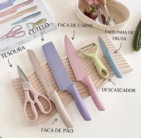Kit Profissional para Churrasco e Cozinha  Colorido em Aço Inoxidável com 6 Peças